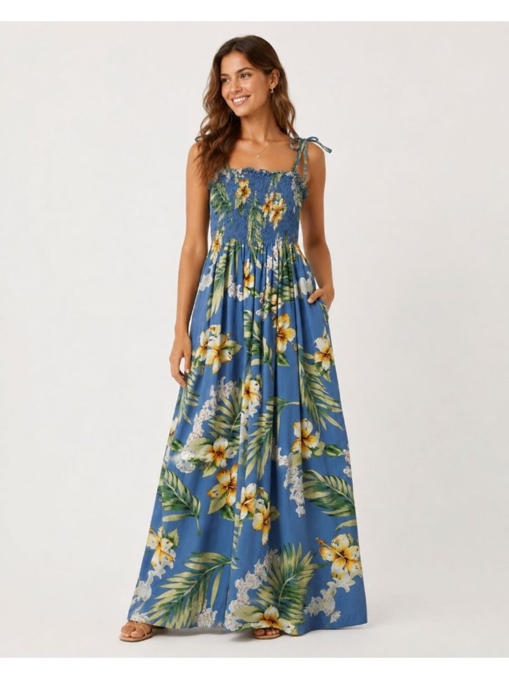 Two Palms Floral Sun Dress W/Smocked Bodice & Adjustable Straps  Blue/Yellow OS